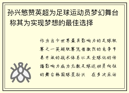 孙兴慜赞英超为足球运动员梦幻舞台 称其为实现梦想的最佳选择
